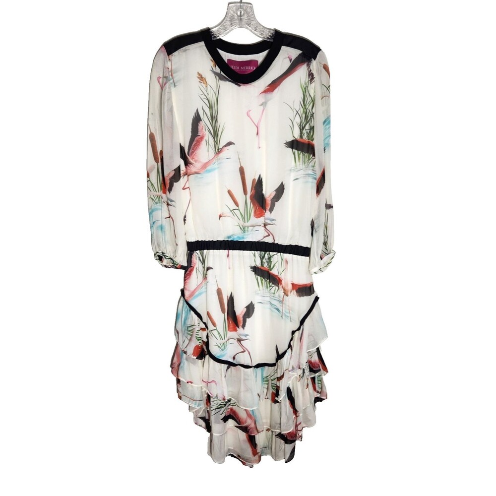 Heidi Merrick Dress Size S Silk Multicolor Artsy Flamingo Marshland Print Artsy